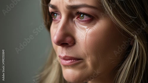 A close-up portrait of a woman crying tears of sadness with a somber expression on her face indoors.