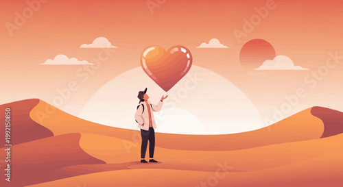 Man holding a heart balloon in desert landscape at sunset, symbolizing hope and love