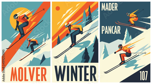 Set of three vintagestyle posters featuring skiers in motion on snowy mountain slopes with minimalist geometric design