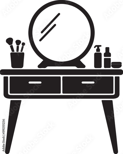 Minimalist vanity table with mirror and makeup accessories vector illustration