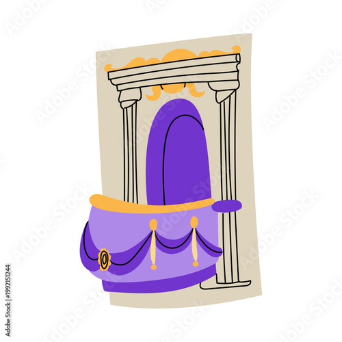 isolated Iillustration of a classical theater balcony box with purple drapery and ornate columns. Elegant architectural element for opera house interior or stage performance posters.