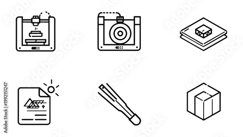 Innovation in the Making: Six stylized icons illustrate the transformative potential of 3D printing technology, offering a glimpse into the future of design and creation.
