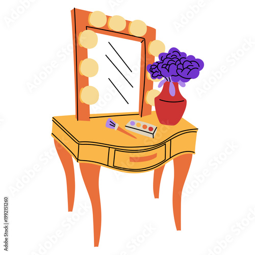 Vintage dressing table with a lighted mirror, makeup palette, and a vase of purple flowers. Colorful flat illustration of a theater backstage vanity for beauty salon or dressing room themes.
