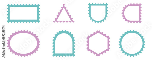 A collection of colorful decorative frames in various geometric shapes.Realistic trendy post stamps set of vector illustration.