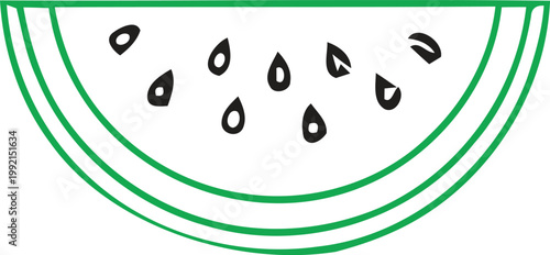 Watermelon slice with seeds, green rind, on white background