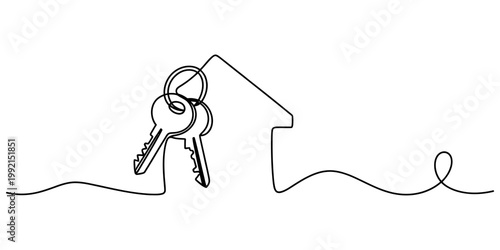 Continuous line drawing of a house outline with a pair of door keys on a keyring Vector, illustration