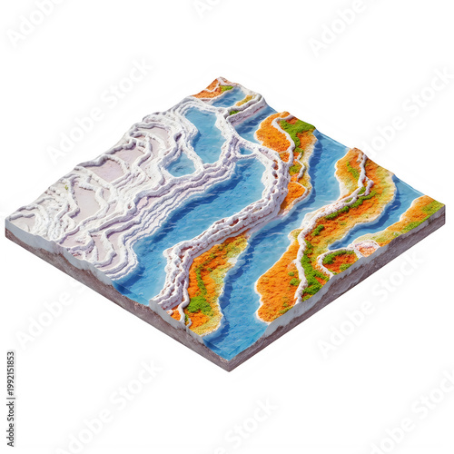 Topographic map illustration depicting terrain with elevation contours and waterways