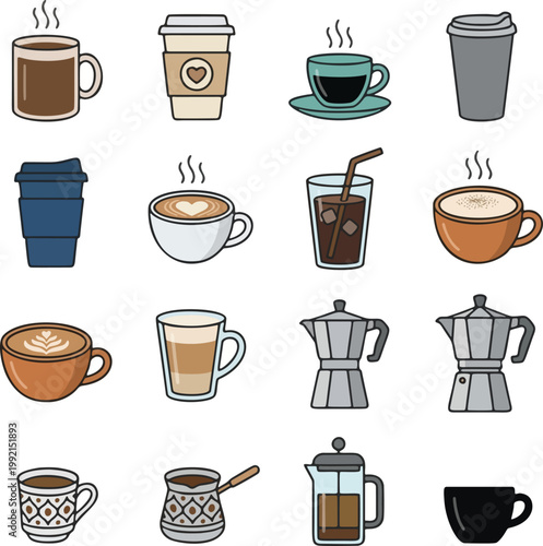 Coffee Icon Set with Various Drinks and Brewing Equipment