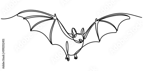 Continuous one line drawing of a flying bat with its wings wide open against a white background Vector, illustration