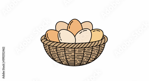 A woven basket filled with a variety of light brown and cream-colored eggs