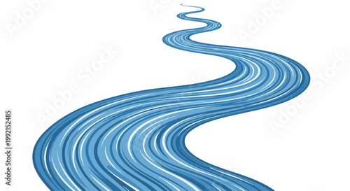 A winding river of blue and white stripes flows across a white background