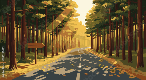 A winding road through a sun-dappled autumn forest with a directional sign