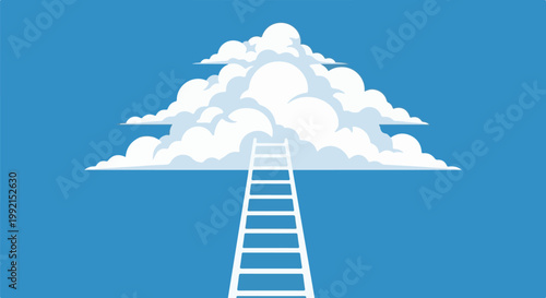 A white ladder ascends a bright blue sky towards fluffy white clouds