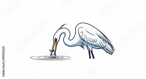 A white heron with blue accents captures a small fish in its beak from rippling water