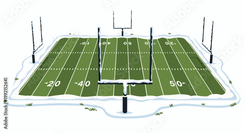 A winter-covered American football field with goalposts standing against a white background