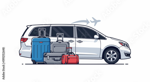 A white minivan is loaded with luggage, ready for a flight