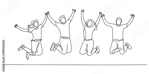 A simple continuous line drawing of four happy friends jumping together in the air with arms raised in a celebration of joy. Vector, illustration