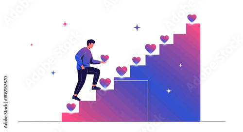 Man climbing stairs with hearts, symbolizing success, growth, and love in career or personal life.