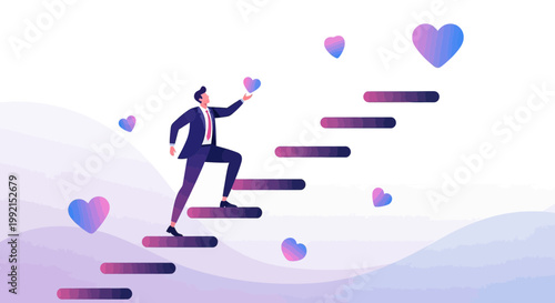 Man climbing stairs with hearts, symbolizing success, love, and personal growth, abstract background