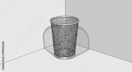 A wire mesh trash can sits in the corner of a room, casting a large shadow