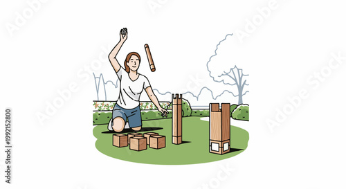 A woman plays a block tossing game in a garden with trees and bushes in the background