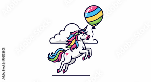 A white unicorn with a rainbow mane and tail leaps joyfully, holding a colorful balloon