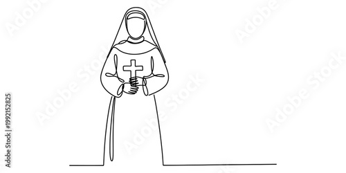 Continuous line drawing of a catholic nun holding a holy cross in her hands on white background. Vector, illustration