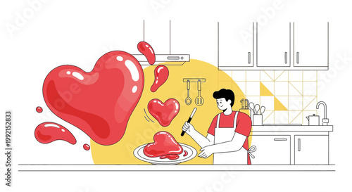 Man cooking a giant heart shape in a modern kitchen, love and romance concept