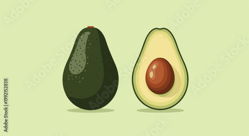 A whole and halved avocado against a pale green background