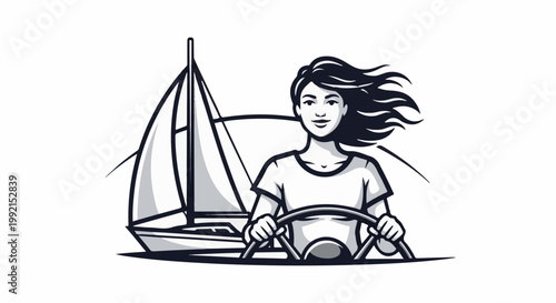 A woman steers a sailboat, her hair blowing in the wind