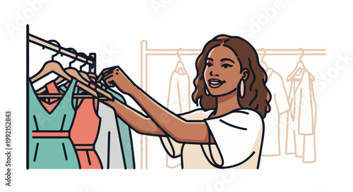 A woman smiles while selecting clothes from a rack in a stylized illustration