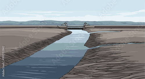 A wide, calm river flows through dry, textured earth towards a distant, imposing dam structure