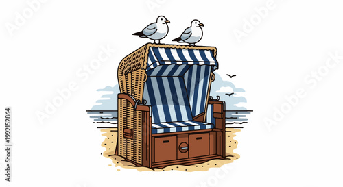 A wicker beach chair with striped cushions and two birds perched on top sits on sand by the ocean