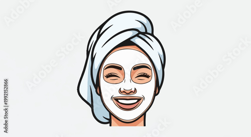 A woman wears a white face mask and a light blue towel on her head, smiling