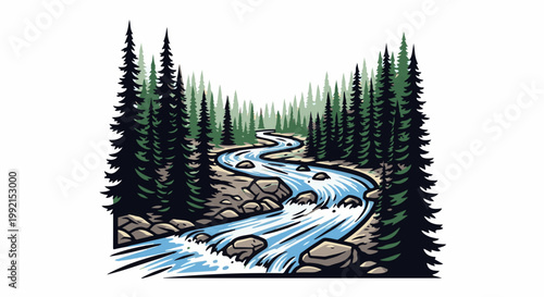 A winding river flows through a dense evergreen forest, with rocks along its banks