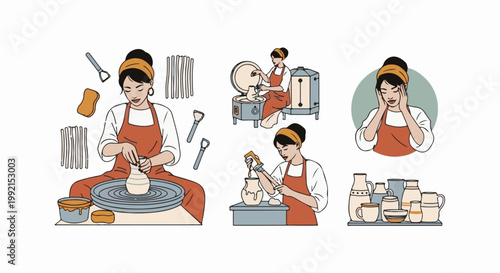 A woman works with clay, from shaping on a wheel to glazing and firing, then displaying finished pottery