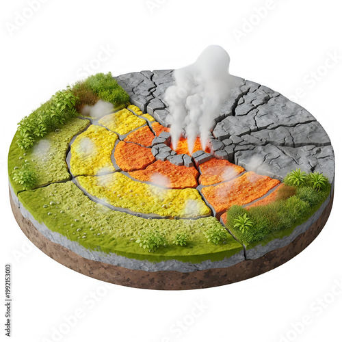 Volcano erupting with lava and smoke into a lush green landscape with a small village nearby