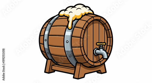 A wooden barrel with a tap and overflowing foam sits on a stand