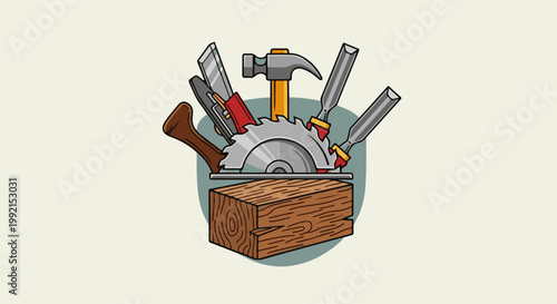 A wood log is being cut by various tools, including a saw, hammer, and chisels