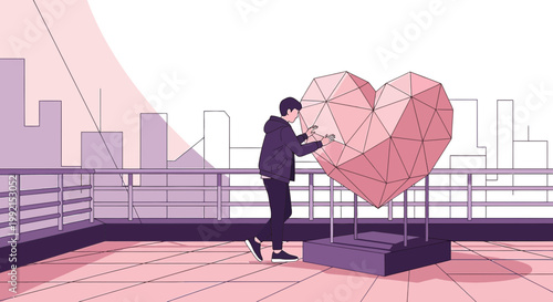 Man Creates Geometric Heart Sculpture on Rooftop with City Skyline Background