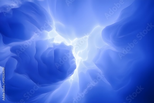 An ethereal and luminous abstract background featuring swirling forms of vibrant blue and white light, reminiscent of cosmic clouds or deep underwater realms.