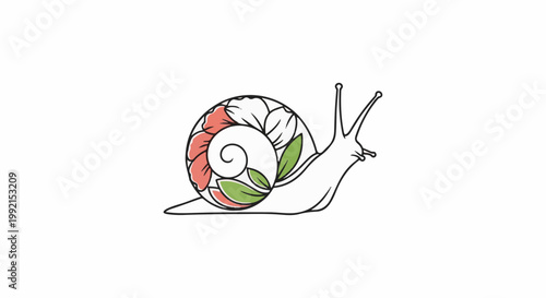 A whimsical snail with a shell adorned with delicate flowers and leaves on a white background