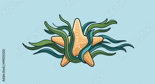 A whimsical, stylized orange starfish is embraced by flowing green and blue sea kelp against a soft blue background