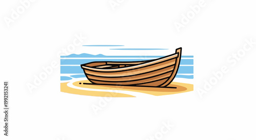 A wooden boat rests on a sandy beach with the ocean in the background