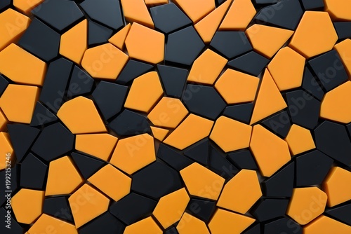 An intricate and captivating abstract background features a seamless mosaic pattern composed of irregularly shaped black and vibrant orange geometric fragments.
