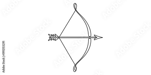 A minimalist continuous line drawing of a bow and arrow silhouette on a white background. Vector, illustration