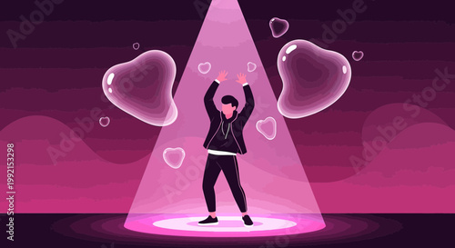 Man dancing under spotlight with heart shapes and bubbles, celebrating love and joy