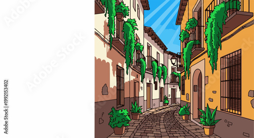 A sun-drenched cobblestone alley lined with buildings adorned with hanging plants