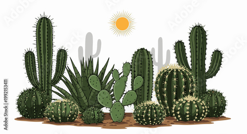 A vibrant desert scene unfolds with various cacti and a bright sun
