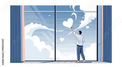 Man drawing heart clouds on window, symbolizing dreams, love and imagination